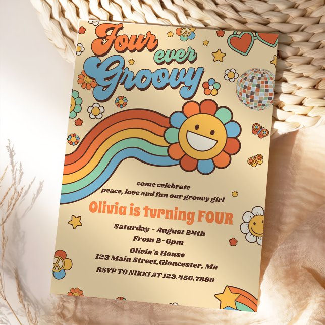 Convites Quatro Vezes Groovy Retro Rainbow 4.º Aniversário (Criador carregado)