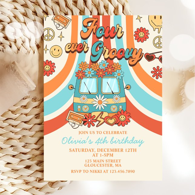 Convites Quatro Vezes Groovy Retro Rainbow 4.º Aniversário (Criador carregado)