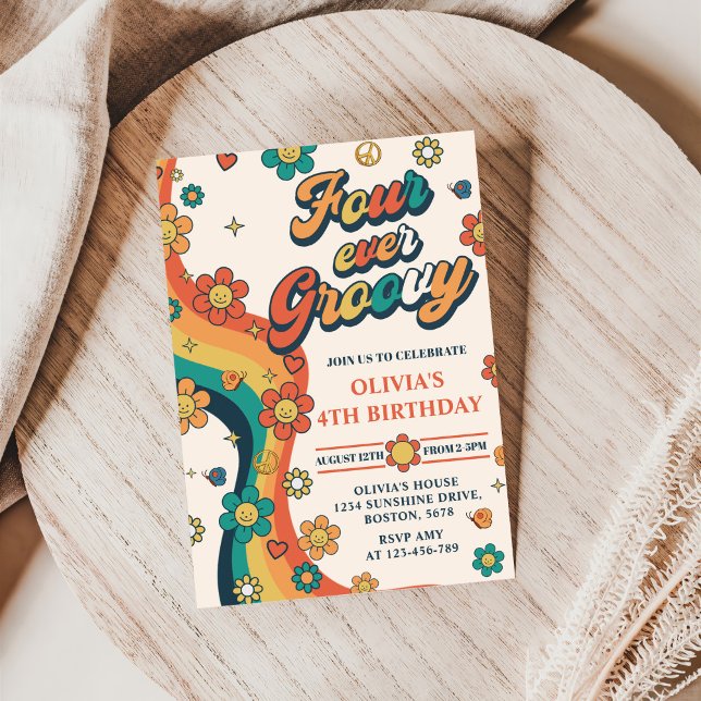 Convites Quatro Vezes Groovy Retro Rainbow 4.º Aniversário (Criador carregado)