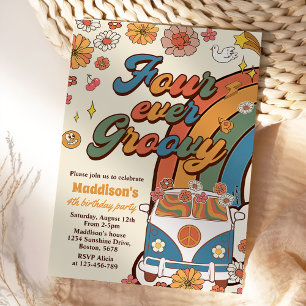 Convites Quatro Vezes Groovy Retro Rainbow 4.º Aniversário