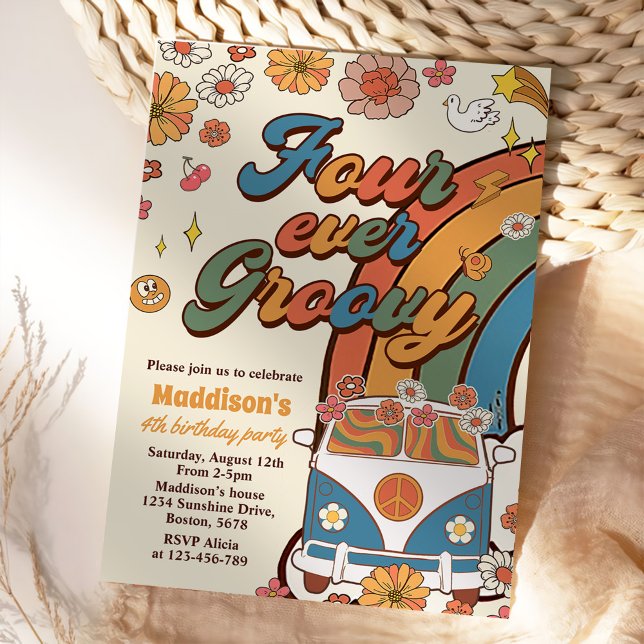 Convites Quatro Vezes Groovy Retro Rainbow 4.º Aniversário (Criador carregado)