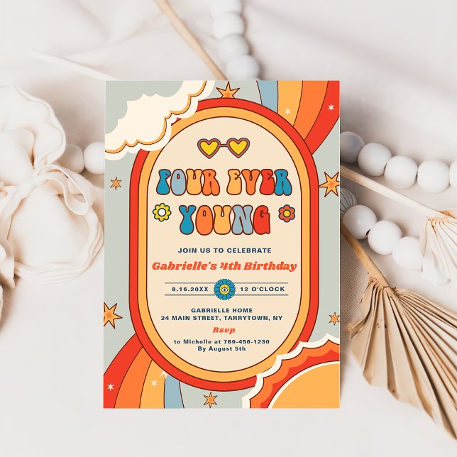 Convites Quatro Vezes Groovy Retro Rainbow Aniversário (Criador carregado)