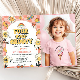 Convites Quatro Vezes Groovy Retro Van Rosa 4º Aniversário