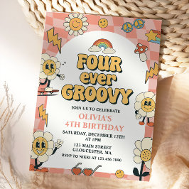 Convites Quatro Vezes Groovy Retro Van Rosa 4º Aniversário