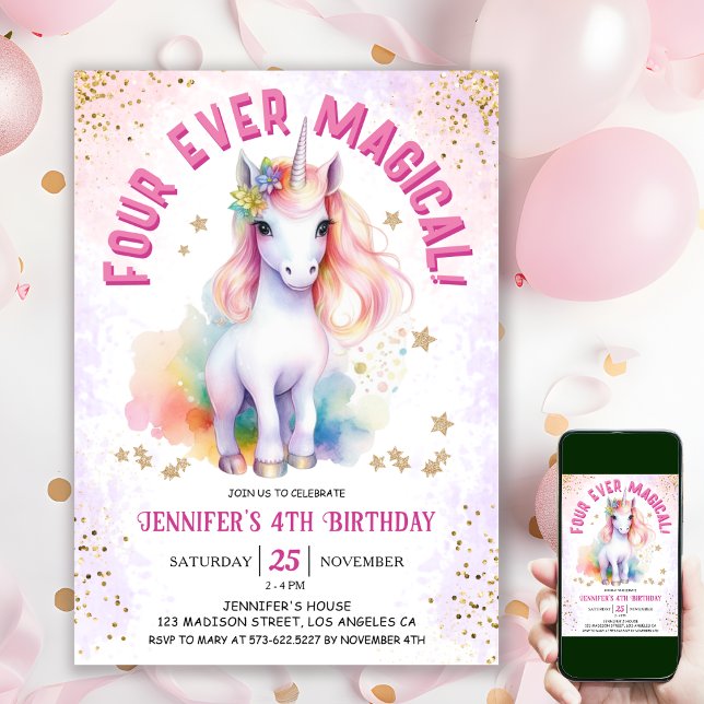 Convites Quatro Vezes Mágico | 4º Festa de Aniversário da U (#UnicornBirthdayInvitation #UnicornBirthdayInvitationTemplate #UnicornBirthdayInvitationEditable )