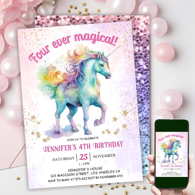 Convites Quatro Vezes Mágico | Unicórnio Glitter 4º Anivers (
#UnicornBirthdayInvitation #UnicornBirthdayInvitationTemplate #UnicornBirthdayInvitationEditable )