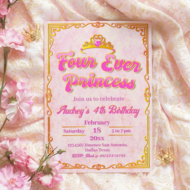 Convites Quatro vezes Princesa - Rapariga 4º Aniversário (Four Ever Princess - Girl 4th Birthday Invitation)