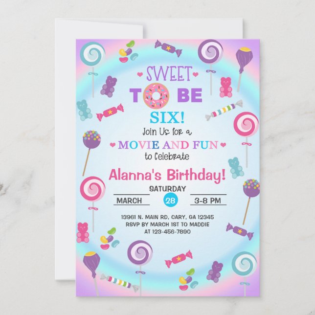 Convites Que bom ser seis aniversários da candyland. (Frente)