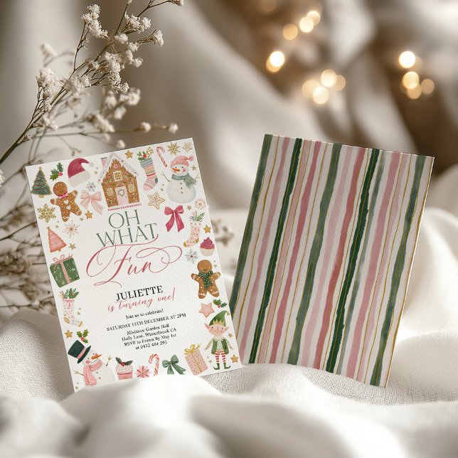 Convites Que Diversão! 1º Aniversário Festa de Natal Festiv (Oh What Fun! Christmas 1st birthday invitation)