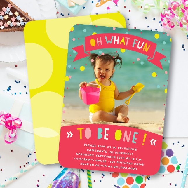 Convites Que Diversão Festa de 1º Aniversário da Menina Con (Oh What Fun To Be One Colorful Confetti Girl 1st Birthday Party Photo Invitation @ fatfatin)