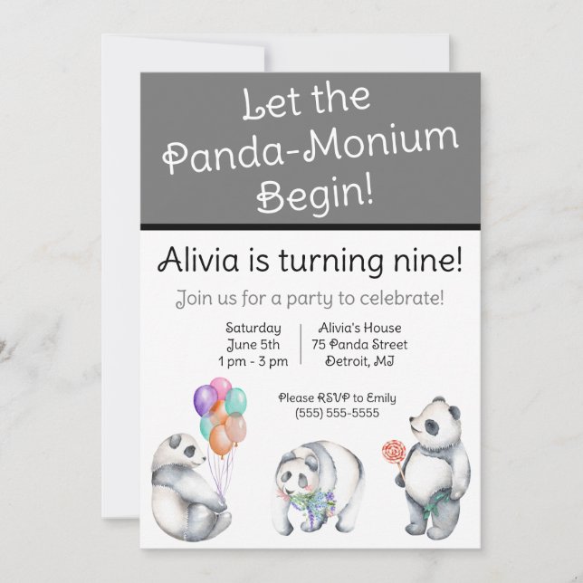 Convites Que o Panda-Monium comece! Panda temia Aniversário (Frente)