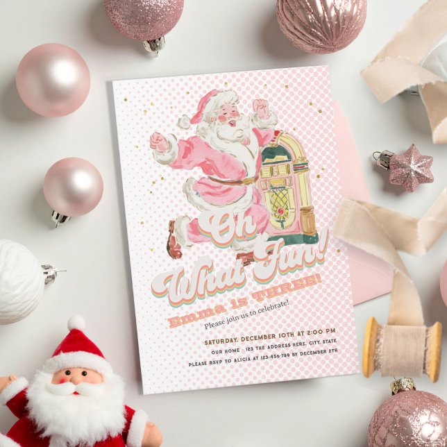 Convites Que Papais noeis Retrorísticos Gostavam De Uma Gar (Oh what Fun Birthday Invitation, Pink Retro Santa Claus THhemed Girl Birthday Invites)