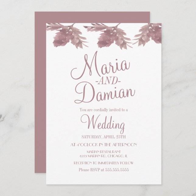 Convites Quebra de Aquarela Deixa Ilustração Blush Casament (Frente/Verso)