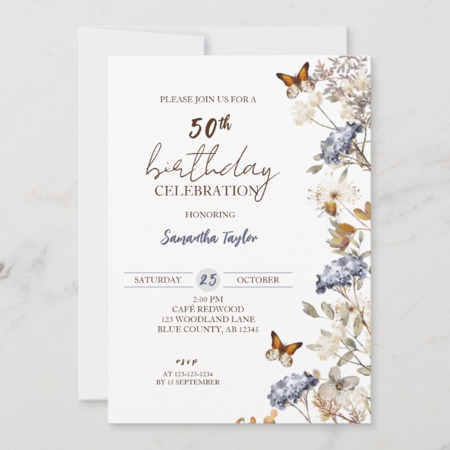 Convites Queda 50º Aniversário, Aniversário Floral (Frente)