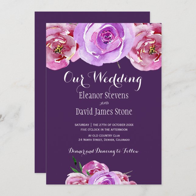 Convites Queda ameixa pincelada pia-rosa péonas lilás casam (Frente/Verso)