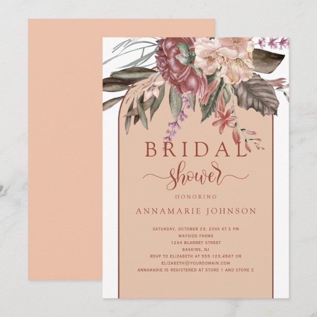 Convites Queda Aquarela Florais Rust Terracotta Peach (Frente/Verso)