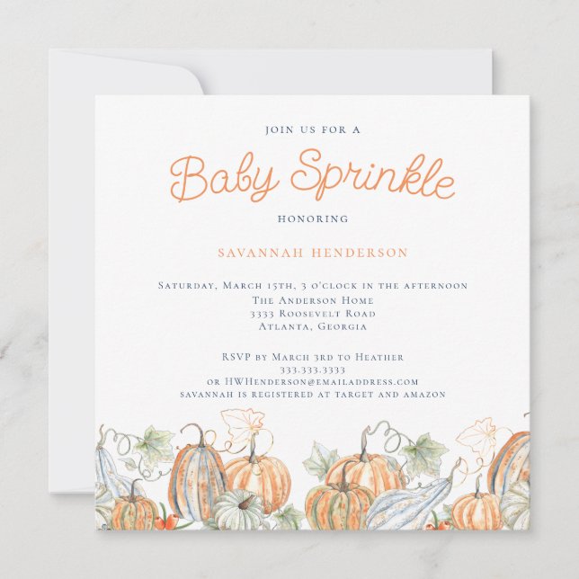 Convites Queda Aquarela Pumpkins Baby Sprinkle (Frente)