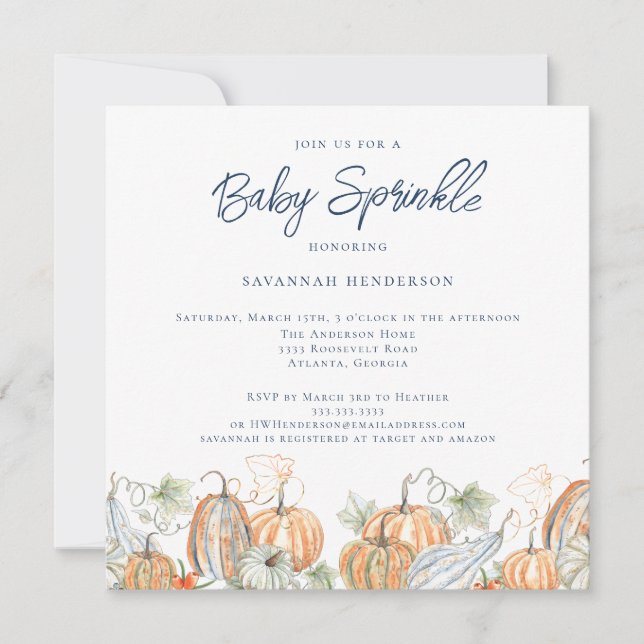 Convites Queda Aquarela Pumpkins Blue Baby Sprinkle (Frente)