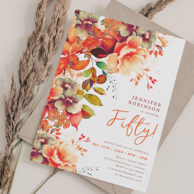 Convites Queda Autumn Watercolor Floral 50º Aniversário (Fall Autumn Watercolor Floral 50th Birthday Invitation)