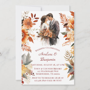 Convites Queda Burgundy Laranja Floral Noiva e Casamento de