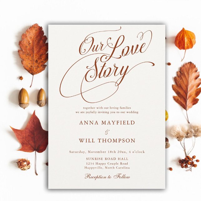 Convites Queda Caligrafia Romântica Nosso Casamento De Hist (our love story romantic calligraphy wedding invitation terracotta elegant modern classic formal)