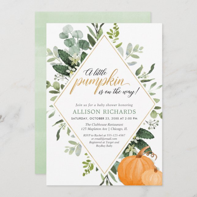 Convites Queda chá de fraldas neutro de gênero Pumpkin euca (Frente/Verso)