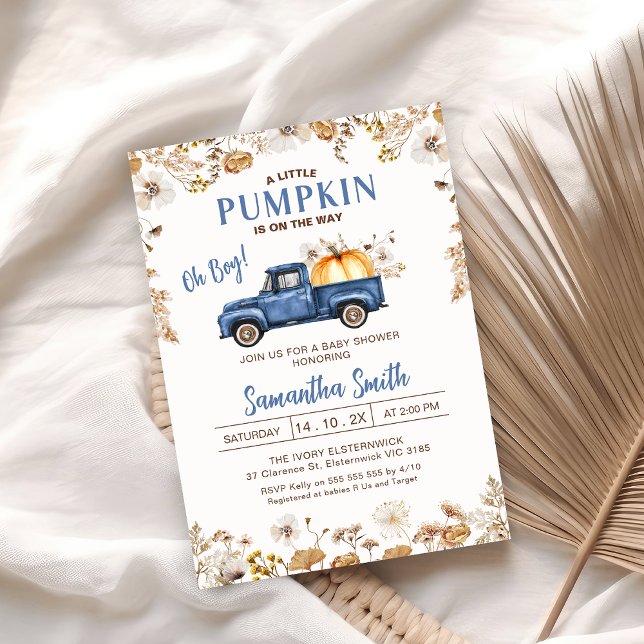 Convites Queda Chá de fraldas Pumpkin Azul Flor Azul (Wildflowers Fall Little Pumpkin Baby Shower Invitation, Boy Blue Little Pumpkin Truck Baby Shower )