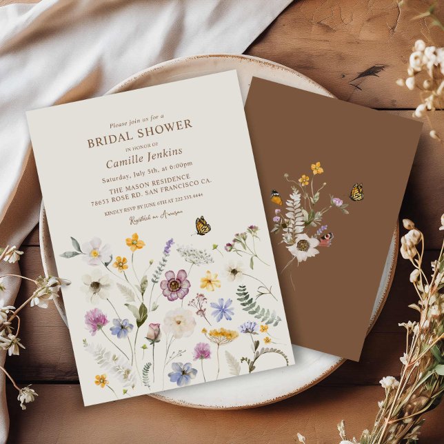 Convites Queda Chá de panela de flor selvagem (Wildflower Fall Boho Bridal Shower Invitation)