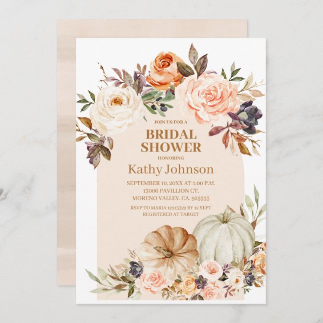 Convites Queda Chá de panela Floral de Pumpkin em Arco Mode (Frente/Verso)