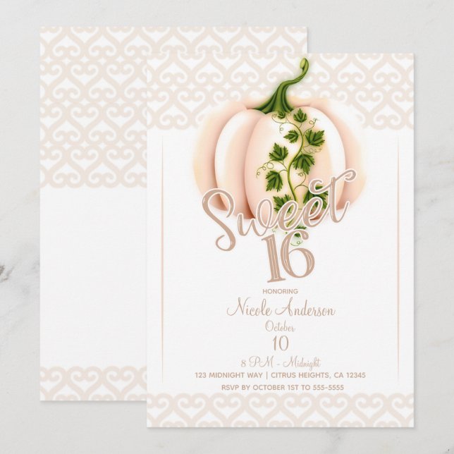 Convites Queda de abóbora rosa pálido 16 Festa de aniversár (Frente/Verso)