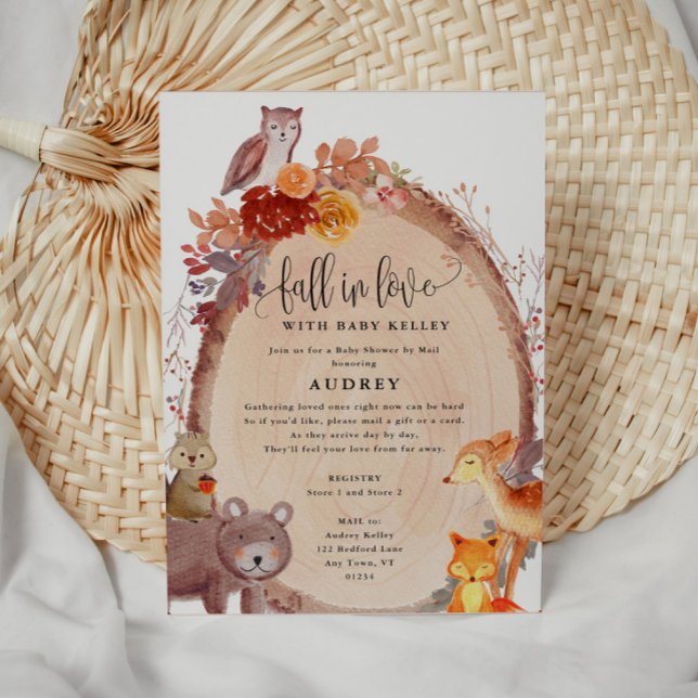 Convites Queda de animais florestais apaixonados, Chá de fr (Cute Fall In Love rustic Baby Shower invitations)