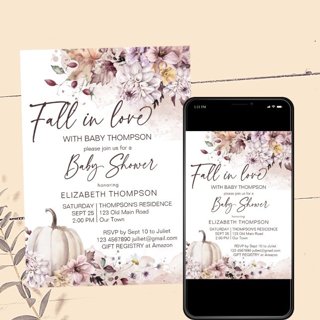 Convites Queda de chá de fraldas pastel boho bompkin (Fall in love boho pastel pumpkin baby shower editable template invitation digital download watercolo)
