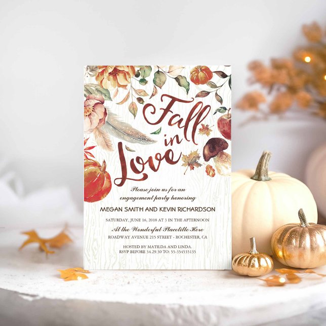 Convites Queda de Festa de noivado de abóbora de colheita (Fall in Love Engagement Party Invitations featuring Autumn Harvest)