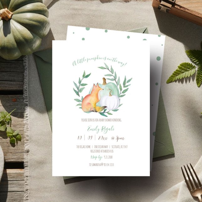 Convites Queda de Raposa e Chá de fraldas de Abóbora (Gender neutral baby shower invitations fall woodland fox green and what pumpkin greenery watercolor)