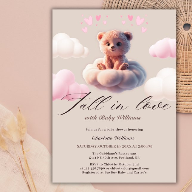 Convites Queda De Urso Bonito Em Um Chá de fraldas De Garot (Fall In Love Cute Bear On A Cloud Baby Shower Invitation)