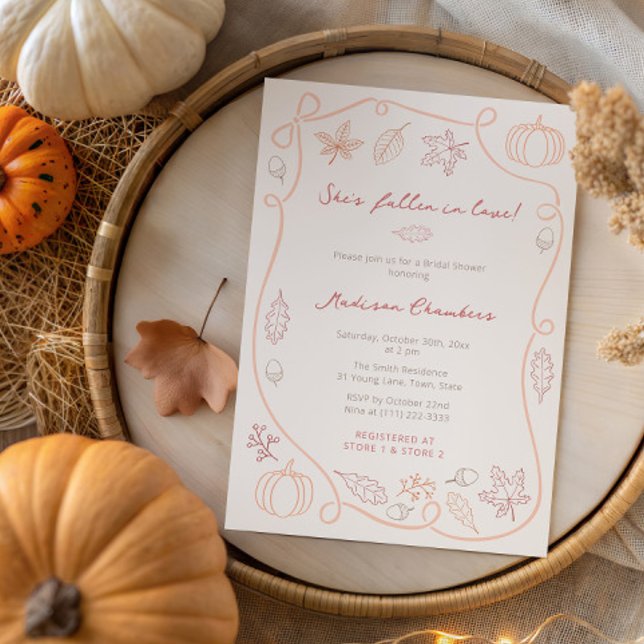 Convites Queda De Vermelho Laranja Whimsso No Chá de panela (Fall leaves doodles wedding shower invitation in soft red orange autumn colors with handwritten font)