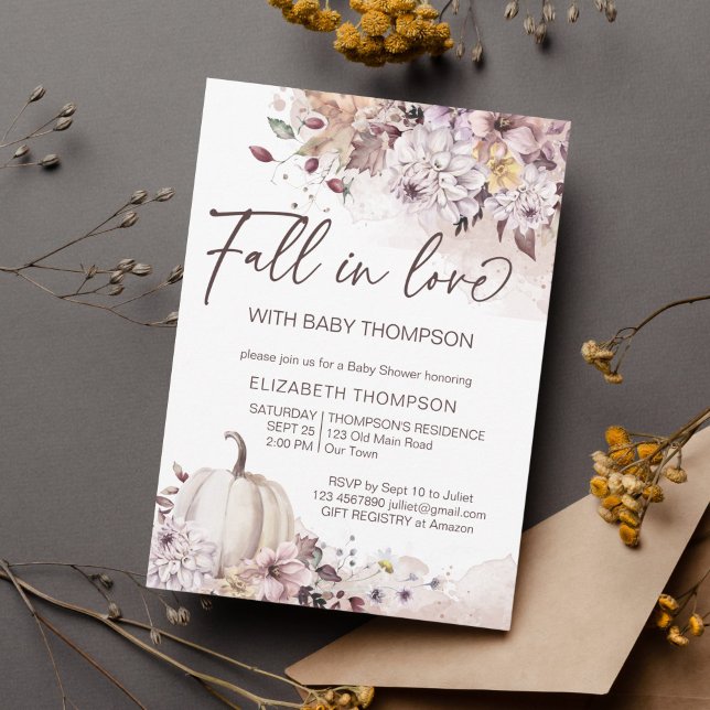Convites Queda do chá de fraldas de abóbora de folhagem pas (Fall in love autumn baby shower chrysanthemums pumpkin watercolor foliage invite template )