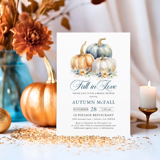 Convites Queda do Chá de panela de amor Dourado Pumpkins Az (Fall in Love Bridal Shower Gold Blue Pumpkins Invitation)