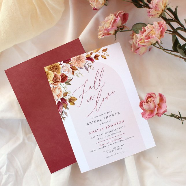 Convites Queda do Chá de panela Floral Elegante (Fall in Love floral bridal shower invitation, watercolor flower corner border, script, modern)