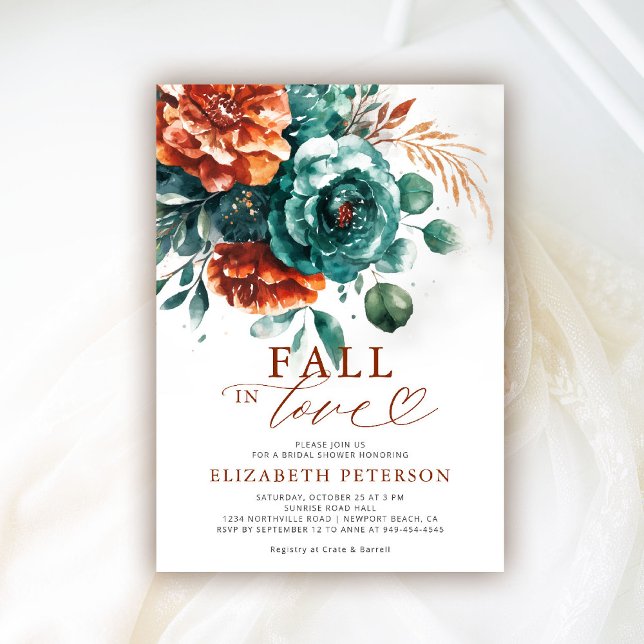 Convites Queda do Chá de panela Teal Terracotta Boho (fall in love bridal shower invitation teal burnt orange terracotta watercolor floral pampas boho)