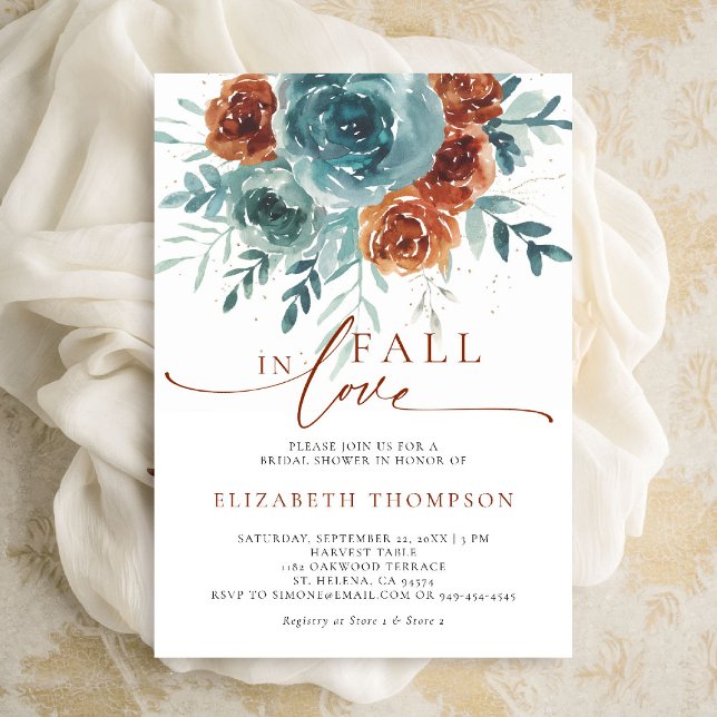 Convites Queda do Chá de panela Teal Terracotta Boho (fall in love bridal shower invitation teal burnt orange terracotta watercolor floral botanical class)