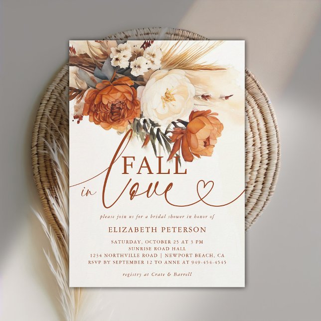 Convites Queda do Chá de panela Terracotta Pampas Boho (fall in love bridal shower invitation boho pampas floral botanical terracotta burnt orange)