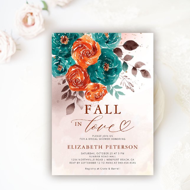 Convites Queda do Chá de panela Terracotta Teal Boho (fall in love wedding bridal shower invitation teal burnt orange terracotta watercolor calligraphy)