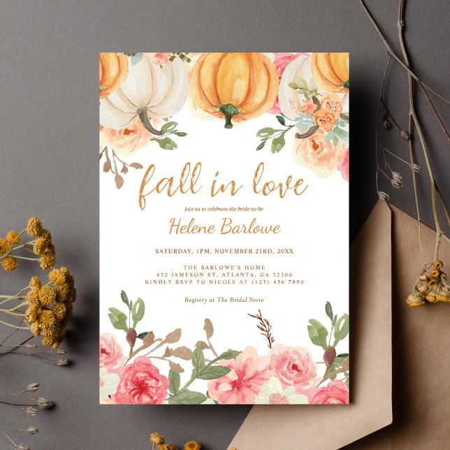 Convites Queda Floral No Chá de panela De Abóbora (Floral Fall In Love Pumpkin Bridal Shower Invitation)