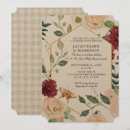 Convites Queda Floral Watercolor Marsala Kraft Casal Chá