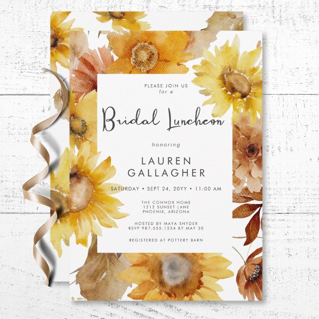 Convites Queda Moderna Moldura Floral de Girassol Bridal Al (Modern Fall Sunflower Floral Frame Bridal Luncheon Invitation)