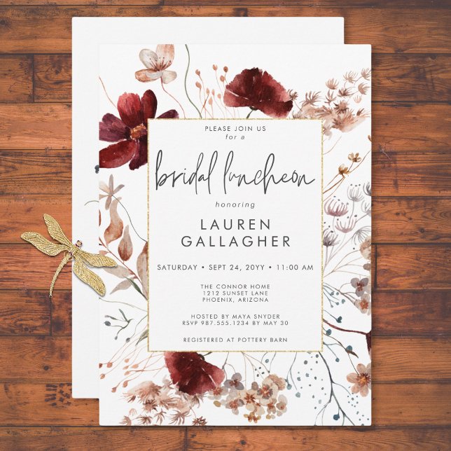 Convites Queda Moderna Rust Moldura De Flor Selvagem Bridal (Modern Fall Rust Wildflower Frame Bridal Luncheon Invitation)