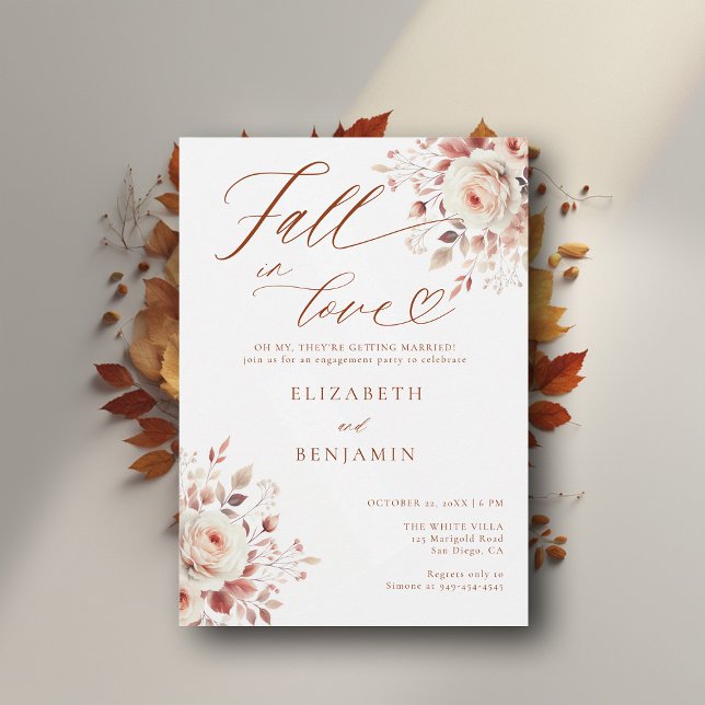 Convites Queda na Festa de noivado de Rosas Terracotta (fall engagement party invitation rustic rose foliage floral botanical frame elegant modern backyard )
