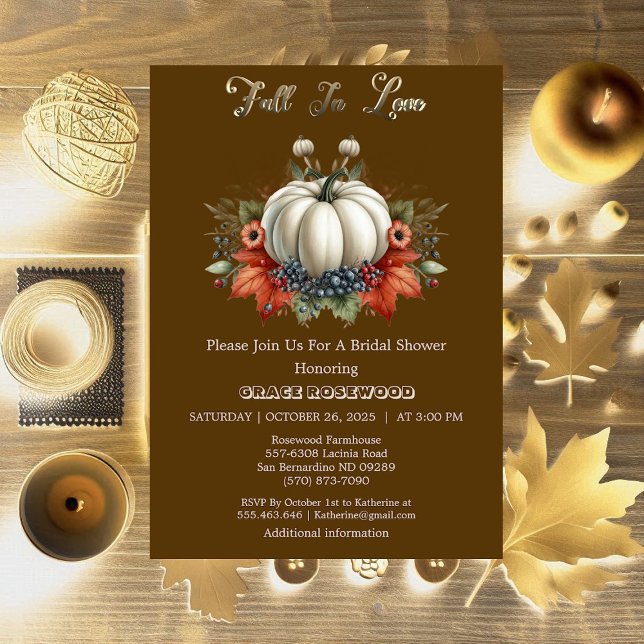 Convites Queda No Amor Bombas De Outono Chá de panela Casta (Fall In Love Pumpkins Autumn Brown Bridal Shower Invitation)