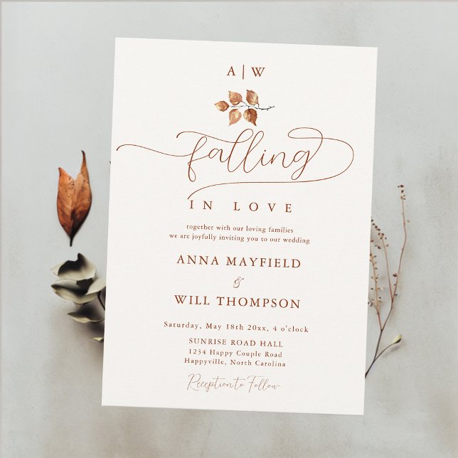 Convites Queda no Amor Monogramas Folha Crest Casamento Ele (Falling in Love Fall Autumn Wedding Invitation Simple Leaf Burnt Orange Terracotta Elegant Monograms)